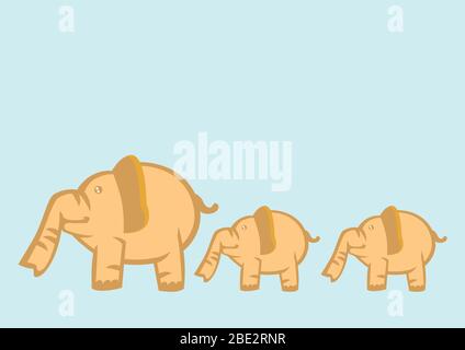 Big elephant leading two small elephant isolated on light blue background. Vector cartoon illustration for children. Stock Vector