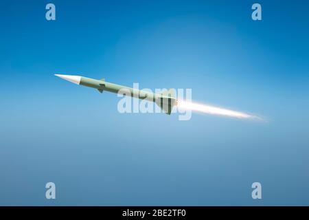 3d illustration of a nuclear rocket bomb flying Stock Photo