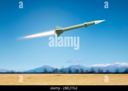 3d illustration of a nuclear rocket bomb flying over a landscape field Stock Photo