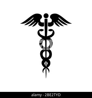 Caduceus symbol Asclepius's Wand, staff carried by Hermes in Greek mythology, black and white vector illustration logo, is symbol of peace and later a Stock Vector