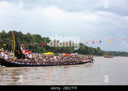 decorated boats also called palliyodam and rowers from Aranmula Boat Race,the oldest river boat fiesta in Kerala,Aranmula,snake boat race,india Stock Photo