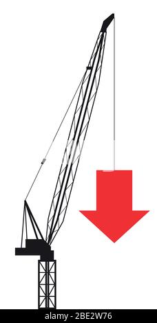 Crane with red down arrow, vector illustration, symbol for crisis, negative, decrease and move down Stock Vector