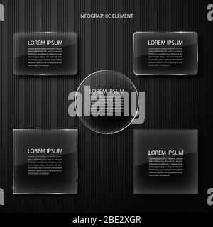 Modern minimal black infographics design element for business presentation. Glass elements. Transparent objects. Use for workflow step strategy and ti Stock Vector