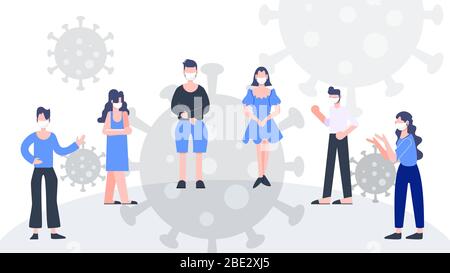 People wearing masks fight covid-19 coronavirus pandemic outbreak. Physical distancing concept. Health care and medical concept. Flat design abstract Stock Vector
