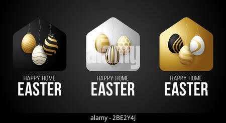 Luxury gold Happy Home Easter 2020 Card with Funny Vector Minimalist Icon. staying at home badge in Quarantine. COVID-19 Reaction. Stock Vector