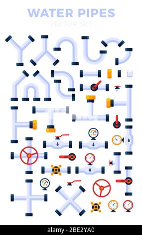 Vector illustration set of pipes different types isolated on white background. Water tubes, elements for gas valve construction, oil industrial concep Stock Vector