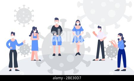 People wearing masks fight covid-19 coronavirus pandemic outbreak. Physical distancing concept. Health care and medical concept. Flat design abstract Stock Vector
