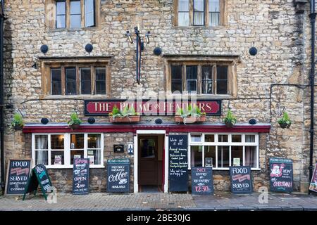 Dating from 1590, The Plume of Feathers is an historic inn opposite Sherborne Abbey, Dorset. Stock Photo