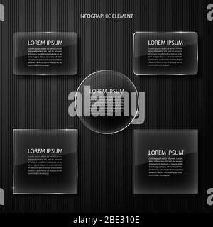 Modern minimal black infographics design element for business presentation. Glass elements. Transparent objects. Use for workflow step strategy and ti Stock Vector
