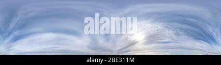 Seamless hdri panorama 360 degrees angle view blue sky with beautiful fluffy cumulus clouds with zenith for use in 3d graphics or game development as Stock Photo