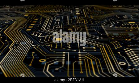 Closeup of integrated circuit board with golden lines, electronic background. Illustration. Panorama Stock Photo