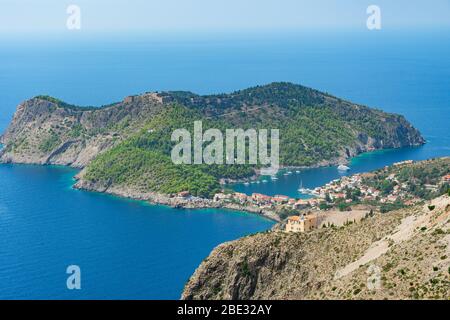 Beautiful panoramic morning view of Assos peninsula in Kefalonia Greece Stock Photo
