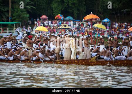 decorated boats also called palliyodam and rowers from Aranmula Boat Race,the oldest river boat fiesta in Kerala,Aranmula,snake boat race,india Stock Photo