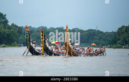 decorated boats also called palliyodam and rowers from Aranmula Boat Race,the oldest river boat fiesta in Kerala,Aranmula,snake boat race,india Stock Photo