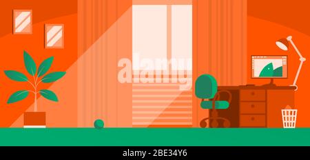 The interior of a cozy home room. Sunlight penetrates through the window. Computer table with lamp, potted plant on the floor. Vector illustration for Stock Vector