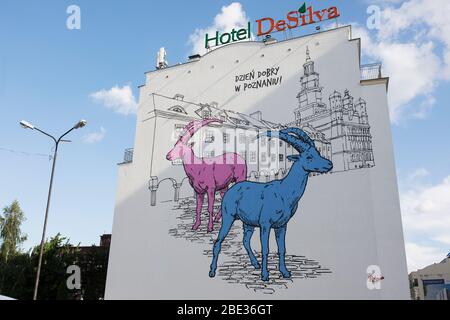 The Hotel DeSilva in Poznan, Poland, features a large painted mural of the famous goats that are the official symbol of the city. Stock Photo