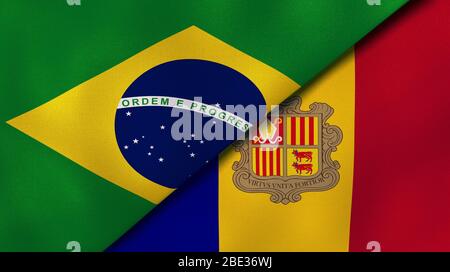 Two states flags of Brazil and Andorra. High quality business background. 3d illustration Stock Photo