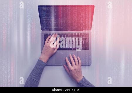Female hands writing code on laptop. Dual screen, collage Stock Photo