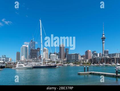 Skyline of the Central Business District from the Wynard Quarter, Viaduct Harbour, Auckland, New Zealand Stock Photo