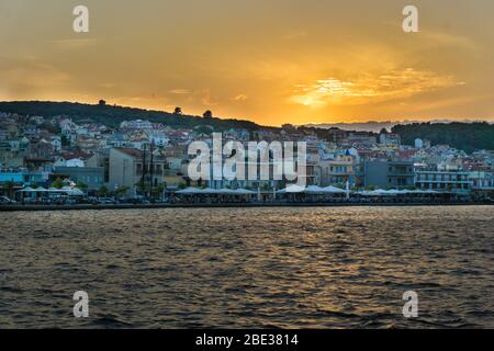 Panoramic sunset view of Argostoli city in Kefalonia Greece. View of the port and the traditional houses Stock Photo