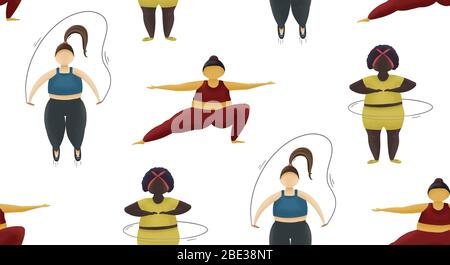 Fitness seemless pattern. Health sport training for fatty women. Girls with obese body. Stock Photo