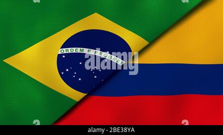 Two states flags of Brazil and Colombia. High quality business background. 3d illustration Stock Photo