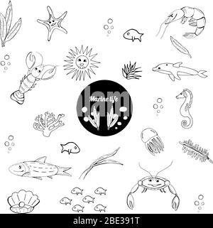 Sea life creatures collection. Vector ocean creatures isolated on white background. Coloring book page, stickers. Art element for design. Stock Vector