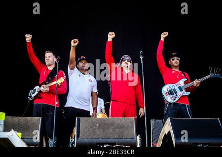 Odense, Denmark. 28th, June 2018. The American rap group Prophets of Rage performs a live concert during the Danish music festival Tinderbox 2018 in Odense. Here (L-R) bass player Tim Commerford is seen live on stage with rappers Chuck D, B-Real and guitarist Tom Morello. (Photo credit: Gonzales Photo - Lasse Lagoni). Stock Photo