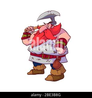 Colorful vector illustration of a cartoon dwarf warrior, with red hair and beard, wearing a chain armor, armed with giant battle axe. Stock Vector