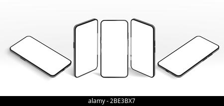 Isometric smartphone mockup. Black mobile phone, modern devices frame and frameless screen smartphones 3D vector template illustration set. Modern Stock Vector