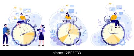 Work rate time management. Working hours timer, productivity timekeeper and team people working on laptop flat vector illustration set. Office workers Stock Vector