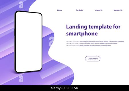 Smartphone screen landing page. Mobile phone frame, smartphones application presentation template and black smartphone realistic 3D vector Stock Vector