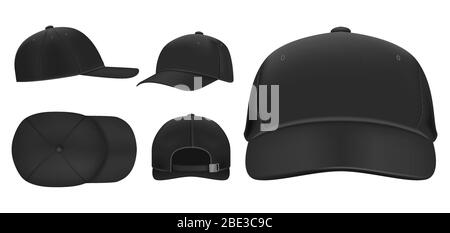 Black cap mockup. Sport baseball caps template, summer hat with visor and uniform hats different views realistic 3D vector set. Headdress Stock Vector