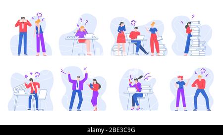 Stressed business people. Yelling and screaming office workers, swearing characters in office environment vector illustration set. Conflicts at Stock Vector