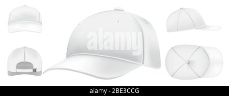 White cap mockup. Sport caps top view, baseball hat and uniform hats views realistic 3D vector set. Casual clothing, fashion, street style wear Stock Vector