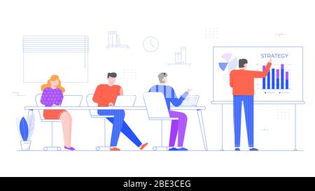 Office team on presentation. Interactive project presentations, strategy presenting to partners, colleagues or work group. People in conference room Stock Vector