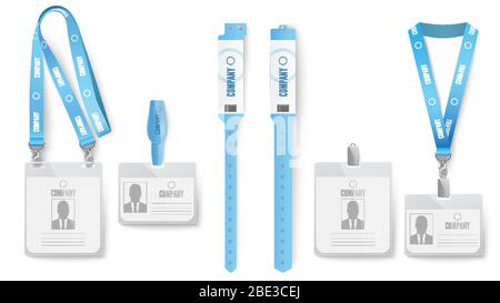Identification card badge. Event identification cards, badges on lanyard and blue ID mockup realistic vector set. Employee pass, access cards template Stock Vector