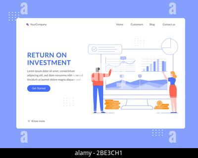 Return on investment. ROI analytics, people analyze financial strategy and income growth graphs landing page template flat vector illustration Stock Vector