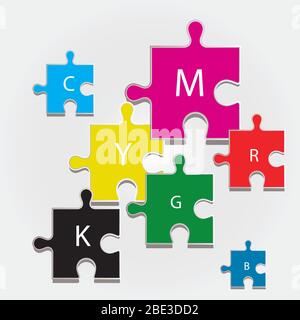 The color scheme CMYK and rgb depicted in four puzzles. Quality vector. Stock Vector