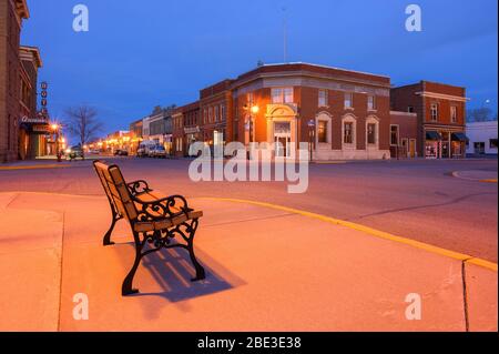 Fort MacLeod, Alberta, Canada - April 09, 2020: Sun setting on the prairie town’s historic Main Street Stock Photo