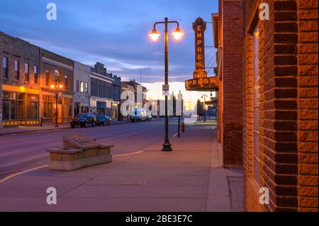 Fort MacLeod, Alberta, Canada - April 09, 2020: Sun setting on the prairie town’s historic Main Street Stock Photo