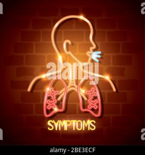 body with lungs and symptoms of 2019 ncov of neon light Stock Vector