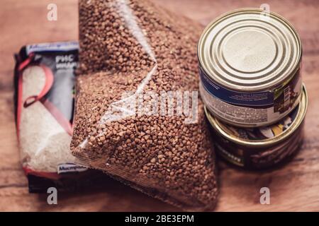 MOSCOW, RUSSIA - MARCH, 18, 2020: Panic in Russia due to quarantine of Coronavirus when people buy basic products in Russia Stock Photo