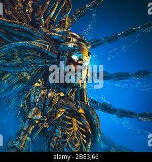 Golden goddess reloaded / 3D illustration of gold robotic science fiction female artificial intelligence growing from computer core Stock Photo