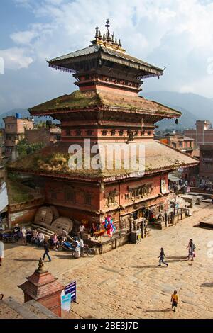 Nepal, Kathmandu, Bhaktapur, Nyatapola, Temple, Hinduism, Street, People, Tourist, Village, Panorama Stock Photo