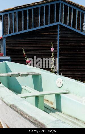 small boat front wood hut in oyster village in Marennes Oleron in France Stock Photo