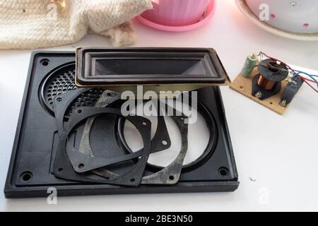 Passive emitter, front panel and speaker spacers from the speaker system. Stock Photo
