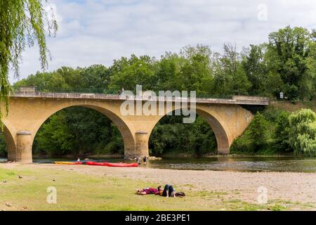 Limeuil, France - August 15, 2019: People at the Parc Panoramique. Dordogne River meeting Vezere River at Limeuil, Dordogne, France. Stock Photo