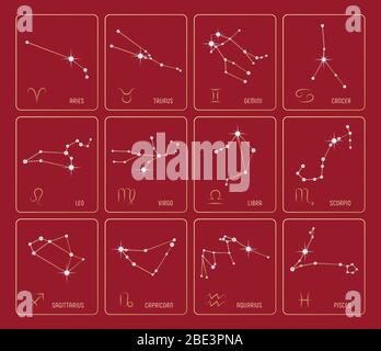 Set of precious Zodiac Constellations with diamond stones. Zodiac Signs included. All elements are on separated layers. Vector illustration. Stock Vector