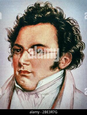 A portrait of Franz Peter Schubert (1797-1828) was an Austrian composer of the late Classical and early Romantic eras. Despite his short lifetime, Schubert left behind more than 600 secular vocal works, seven complete symphonies, sacred music, operas, incidental music and a large body of piano and chamber music. (artist unknown) Stock Photo